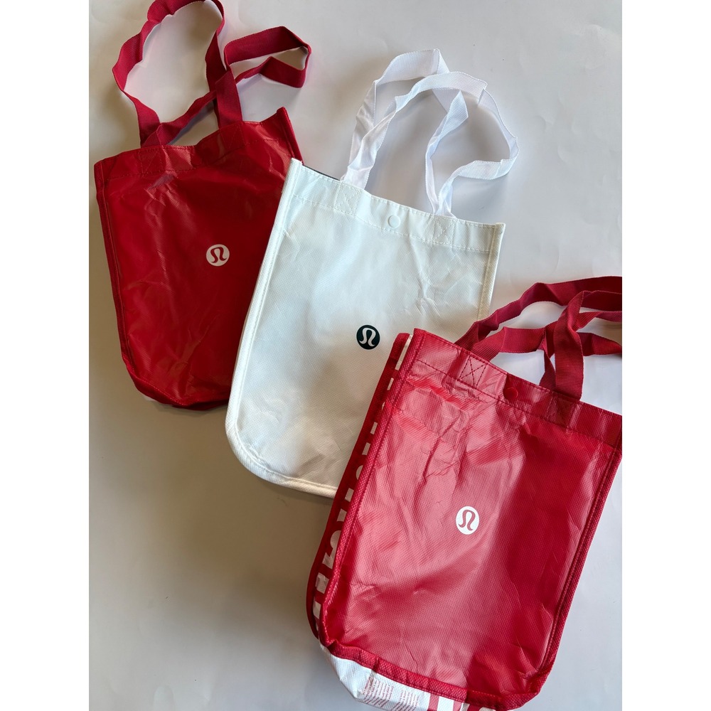 Lululemon Reusable Shopping Tote Bag Bundle Red White Small 3 Pack Snap Closure